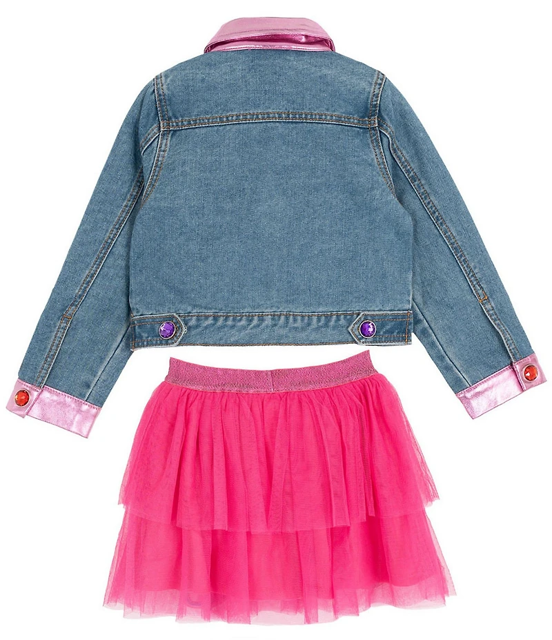 Girls Like Us Little Girls Long-Sleeve #double;Dance It Out#double; Denim Jacket, Short-Sleeve Solid Knit T-Shirt & Patch-Detailed Tutu Skirt