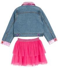 Girls Like Us Little Girls Long-Sleeve #double;Dance It Out#double; Denim Jacket, Short-Sleeve Solid Knit T-Shirt & Patch-Detailed Tutu Skirt