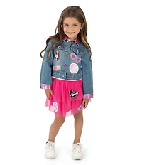 Girls Like Us Little Girls Long-Sleeve #double;Dance It Out#double; Denim Jacket, Short-Sleeve Solid Knit T-Shirt & Patch-Detailed Tutu Skirt