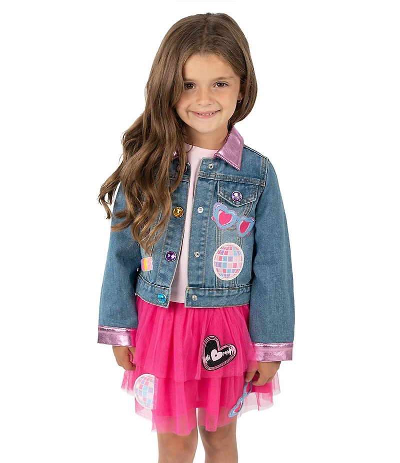Girls Like Us Little Girls Long-Sleeve #double;Dance It Out#double; Denim Jacket, Short-Sleeve Solid Knit T-Shirt & Patch-Detailed Tutu Skirt