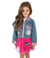 Girls Like Us Little Girls Long-Sleeve #double;Dance It Out#double; Denim Jacket, Short-Sleeve Solid Knit T-Shirt & Patch-Detailed Tutu Skirt
