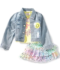 Girls Like Us Little Girls Short Sleeve Top & Denim Jacket With Sequin TuTu 3-Piece Set