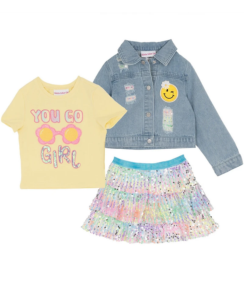 Girls Like Us Little Girls Short Sleeve Top & Denim Jacket With Sequin TuTu 3-Piece Set