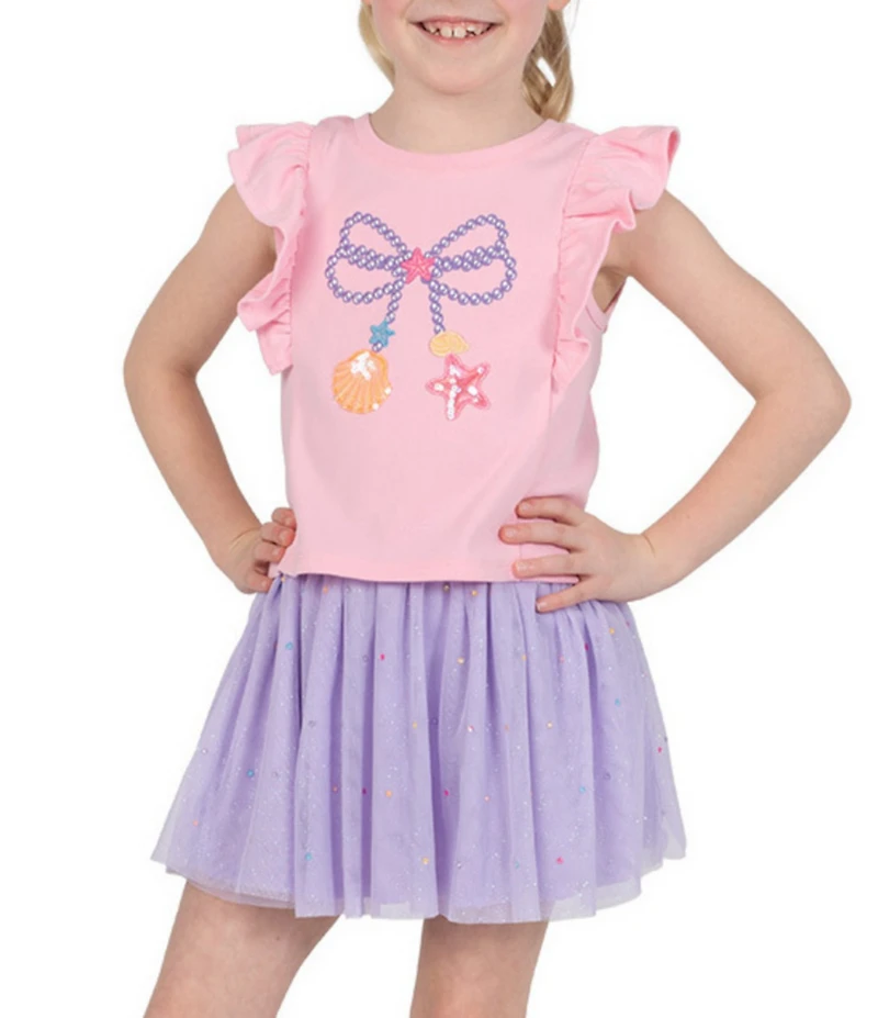 Girls Like Us Little Girls Ruffle Sleeve Sequin Sea Shell Applique Embroidered Tank Top & Sparkle Rhinestone Skort Set