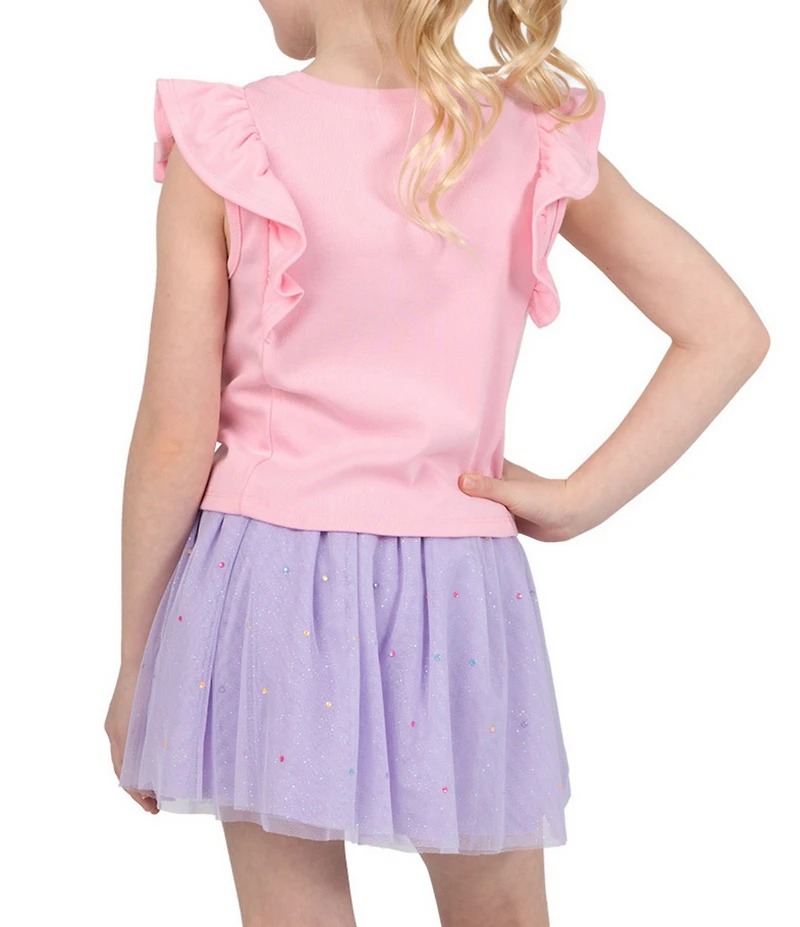Girls Like Us Little Girls Ruffle Sleeve Sequin Sea Shell Applique Embroidered Tank Top & Sparkle Rhinestone Skort Set
