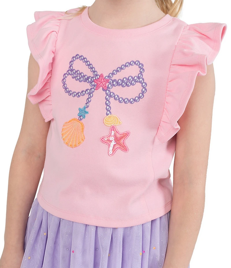 Girls Like Us Little Girls Ruffle Sleeve Sequin Sea Shell Applique Embroidered Tank Top & Sparkle Rhinestone Skort Set