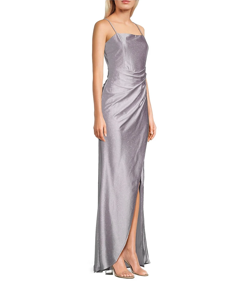 Honey and Rosie Glitter Pleated Side Slit Long Dress