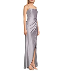 Honey and Rosie Glitter Pleated Side Slit Long Dress