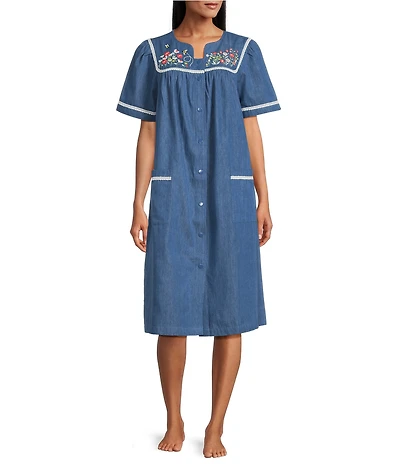 Go Softly Embroidered Bees Short Sleeve Snap Front Denim Patio Dress