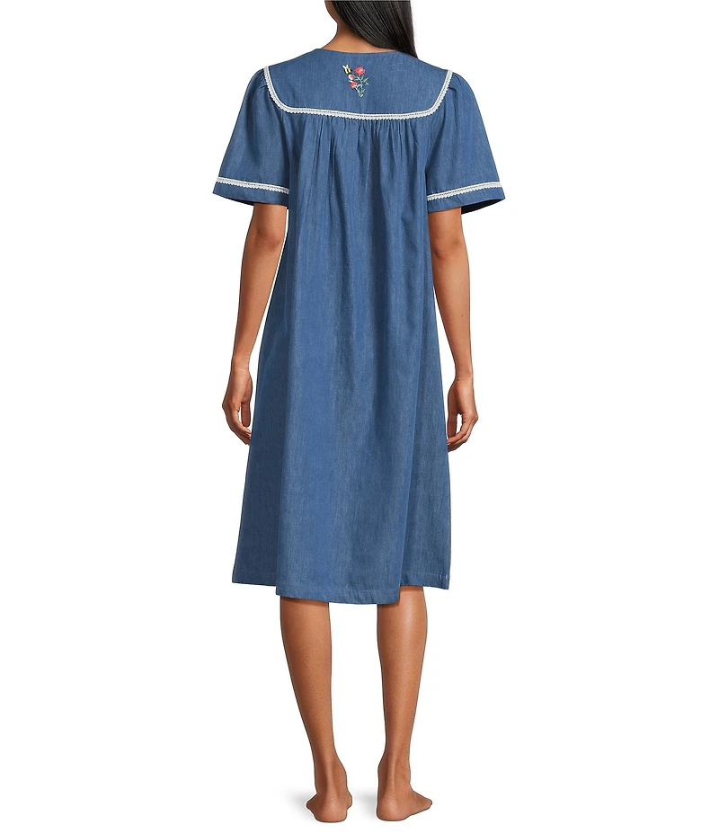 Go Softly Embroidered Bees Short Sleeve Snap Front Denim Patio Dress