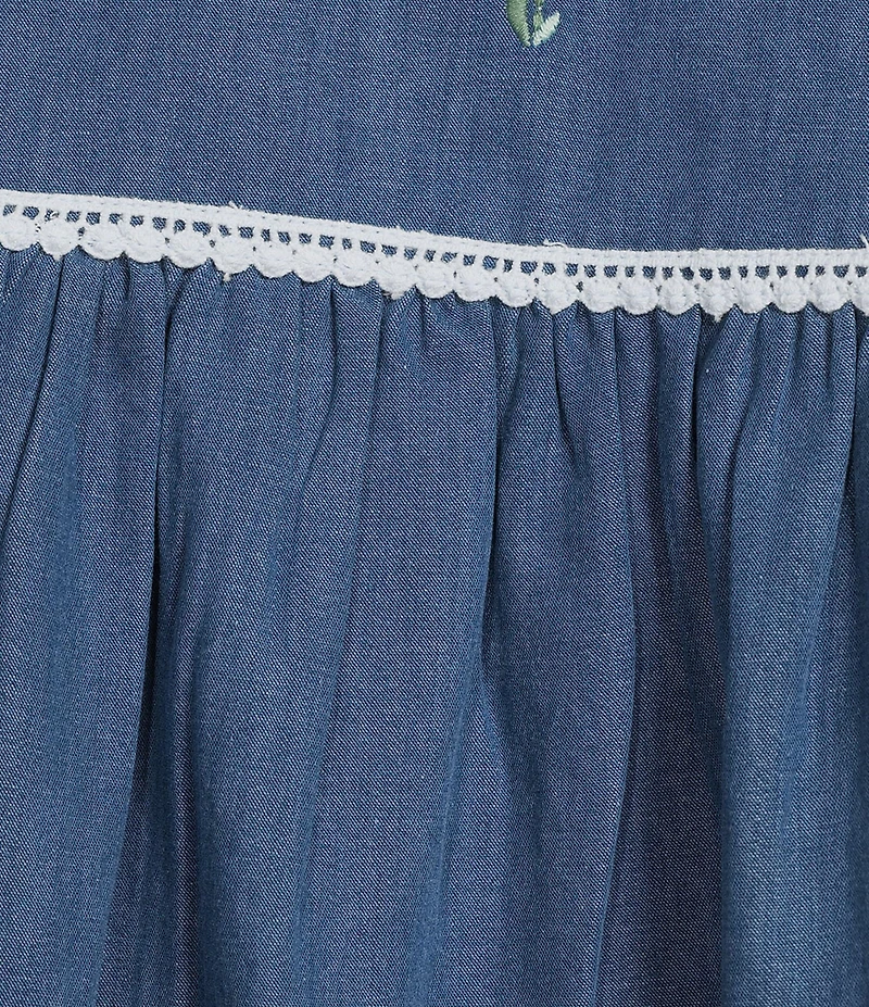 Go Softly Embroidered Bees Short Sleeve Snap Front Denim Patio Dress