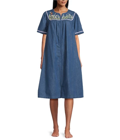 Go Softly Embroidered Birdhouse Denim Short Sleeve Zip-Front Patio Dress