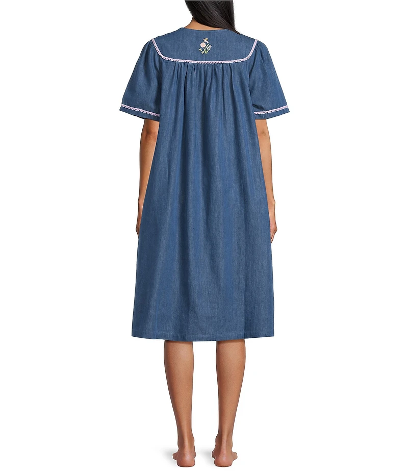 Go Softly Embroidered Birdhouse Denim Short Sleeve Zip-Front Patio Dress