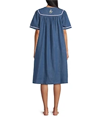 Go Softly Embroidered Birdhouse Denim Short Sleeve Zip-Front Patio Dress