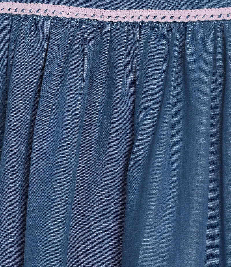 Go Softly Embroidered Birdhouse Denim Short Sleeve Zip-Front Patio Dress