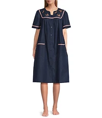 Go Softly Embroidered Butterfly Denim Short Sleeve Snap-Front Patio Dress