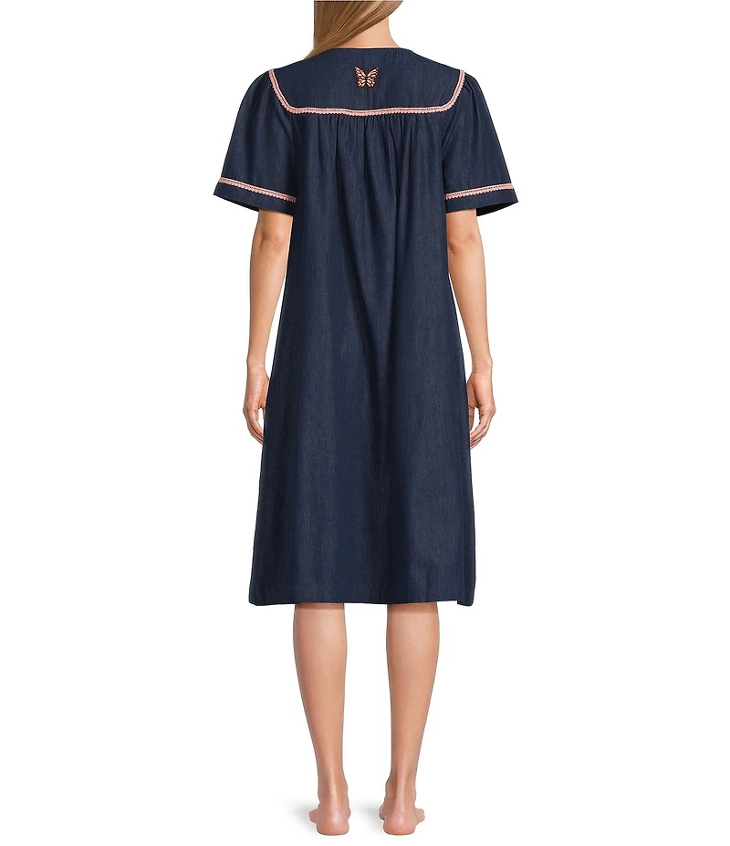 Go Softly Embroidered Butterfly Denim Short Sleeve Snap-Front Patio Dress