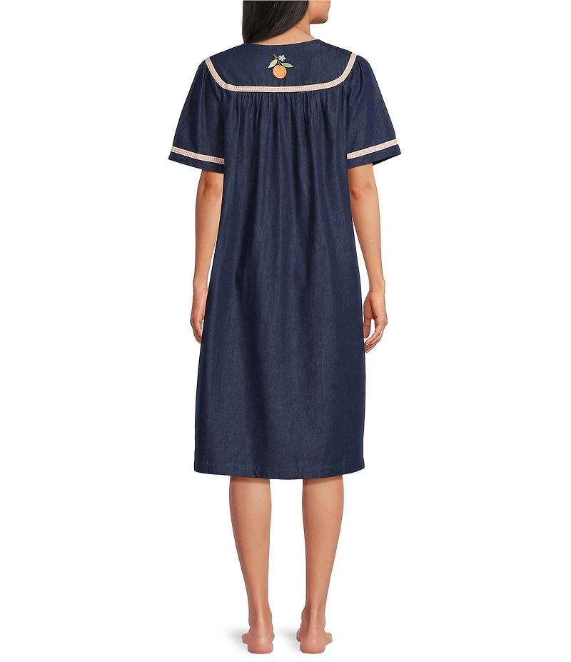 Go Softly Embroidered Fruit Short Sleeve Zip-Front Denim Patio Dress