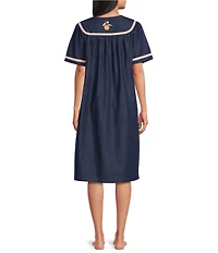 Go Softly Embroidered Fruit Short Sleeve Zip-Front Denim Patio Dress