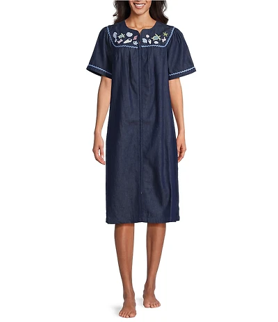 Go Softly Embroidered Sea Life Short Sleeve Zip-Front Denim Patio Dress