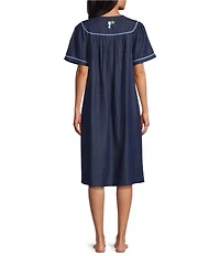 Go Softly Embroidered Sea Life Short Sleeve Zip-Front Denim Patio Dress