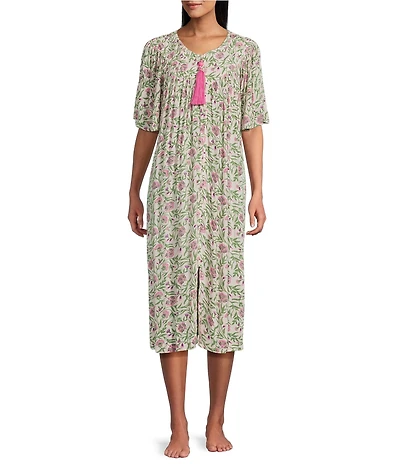 Go Softly Floral Print Short Sleeve V-Neck Zip-Front Crinkle Patio Dress