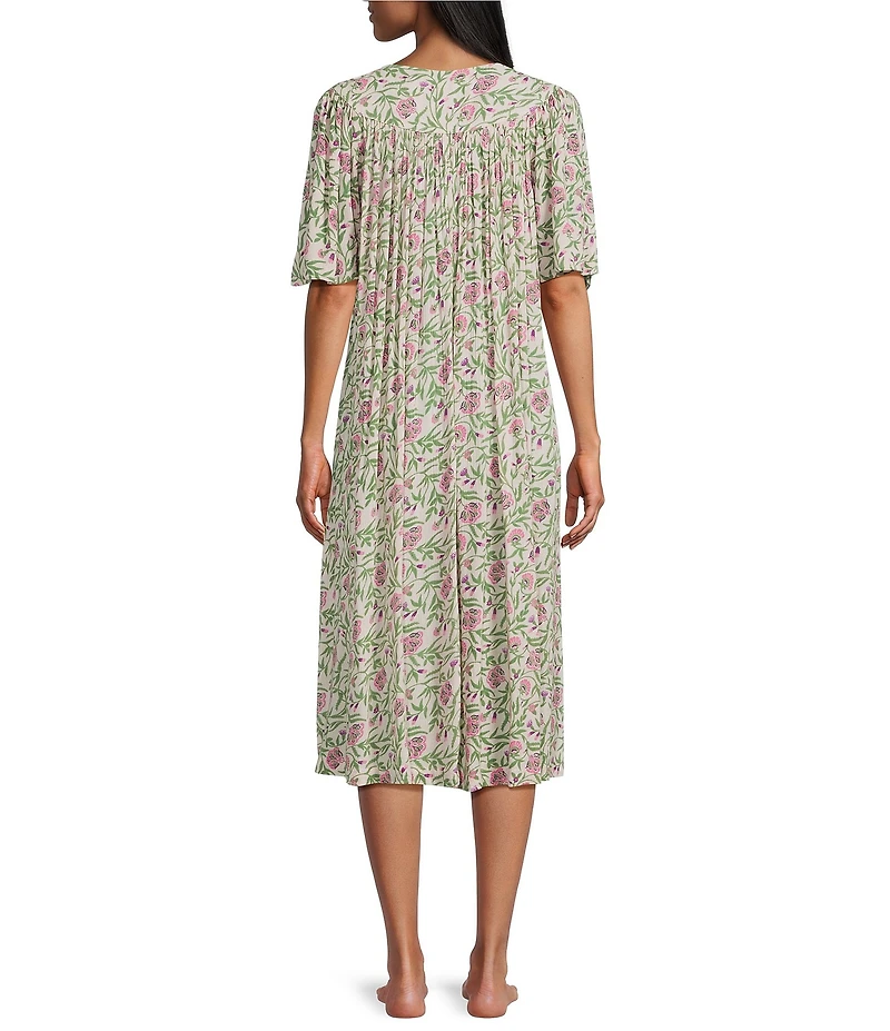 Go Softly Floral Print Short Sleeve V-Neck Zip-Front Crinkle Patio Dress