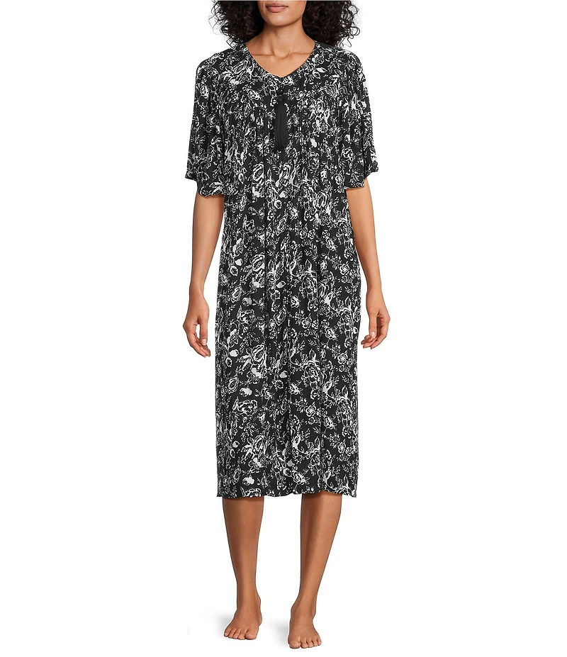 Go Softly Floral Print Short Sleeve V-Neck Zip-Front Patio Dress