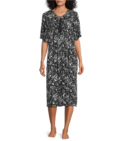 Go Softly Floral Print Short Sleeve V-Neck Zip-Front Patio Dress