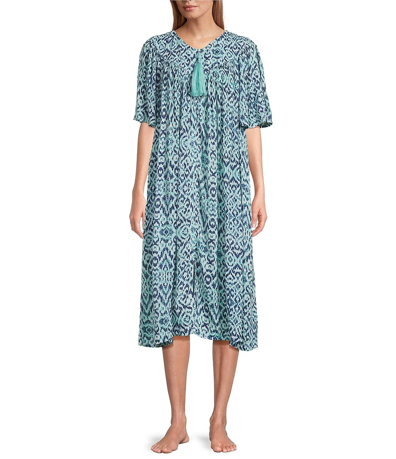Go Softly Ikat Print V-Neck Short Sleeve Zip-Front Crinkle Patio Dress