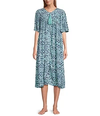 Go Softly Ikat Print V-Neck Short Sleeve Zip-Front Crinkle Patio Dress