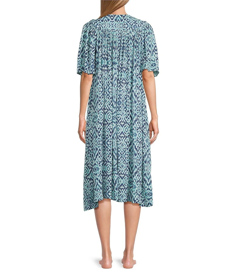 Go Softly Ikat Print V-Neck Short Sleeve Zip-Front Crinkle Patio Dress