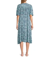 Go Softly Ikat Print V-Neck Short Sleeve Zip-Front Crinkle Patio Dress