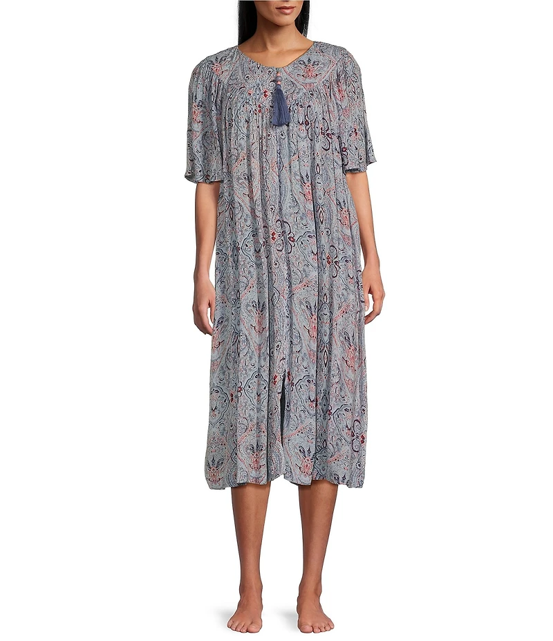 Go Softly Paisley Short Sleeve V-Neck Zip-Front Crinkle Patio Dress