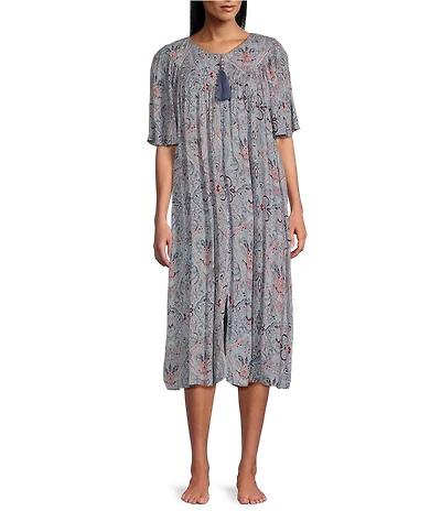 Go Softly Paisley Short Sleeve V-Neck Zip-Front Crinkle Patio Dress