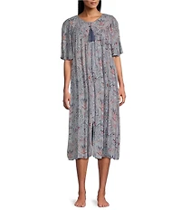 Go Softly Paisley Short Sleeve V-Neck Zip-Front Crinkle Patio Dress