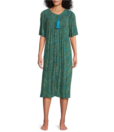 Go Softly Paisley Short Sleeve V-Neck Zip-Front Crinkle Patio Dress