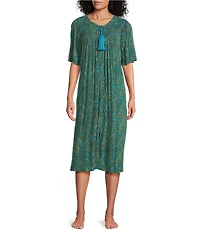 Go Softly Paisley Short Sleeve V-Neck Zip-Front Crinkle Patio Dress