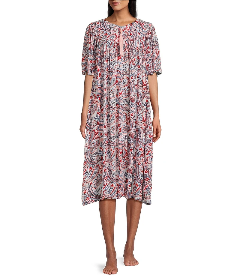 Go Softly Paisley Short Sleeve V-Neck Zip-Front Crinkle Patio Dress