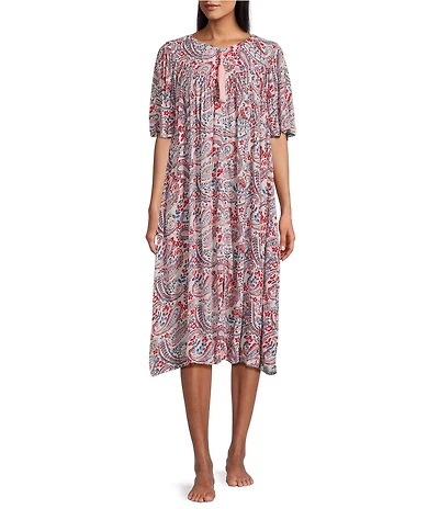 Go Softly Paisley Short Sleeve V-Neck Zip-Front Crinkle Patio Dress