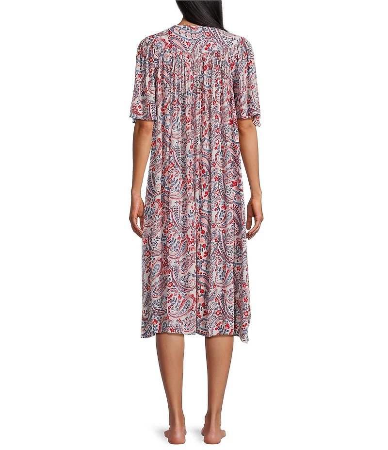 Go Softly Paisley Short Sleeve V-Neck Zip-Front Crinkle Patio Dress