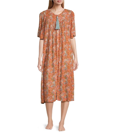 Go Softly Palm Print Short Sleeve V-Neck Zip-Front Patio Dress