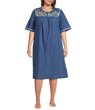 Go Softly Plus Size Embroidered Birdhouse Denim Short Sleeve Zip-Front Patio Dress