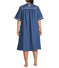 Go Softly Plus Size Embroidered Birdhouse Denim Short Sleeve Zip-Front Patio Dress