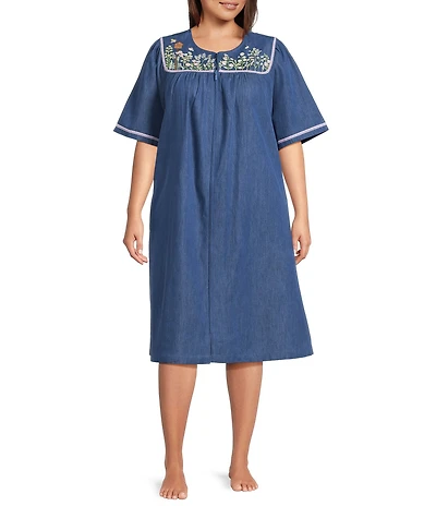 Go Softly Plus Size Embroidered Birdhouse Denim Short Sleeve Zip-Front Patio Dress