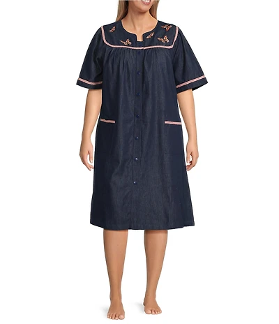 Go Softly Plus Size Embroidered Butterfly Denim Short Sleeve Snap-Front Patio Dress