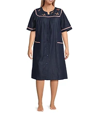 Go Softly Plus Size Embroidered Butterfly Denim Short Sleeve Snap-Front Patio Dress