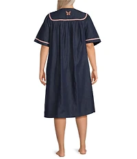 Go Softly Plus Size Embroidered Butterfly Denim Short Sleeve Snap-Front Patio Dress