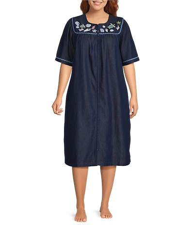 Go Softly Plus Size Embroidered Sea Life Short Sleeve Zip-Front Denim Patio Dress