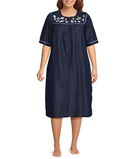 Go Softly Plus Size Embroidered Sea Life Short Sleeve Zip-Front Denim Patio Dress